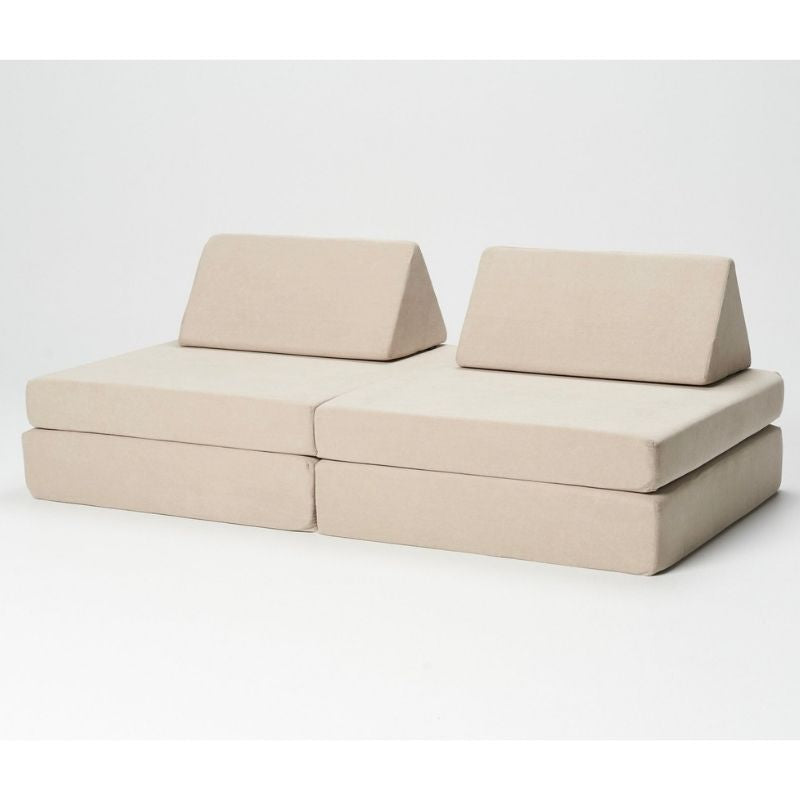 Kiddie Couch modular kids play couch in Sand Beige colour, showing the water-resistant microvelvet fabric cover
