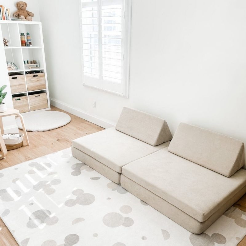 Top-down view of the Kiddie Couch in Sand Beige showing the full four-piece modular foam layout