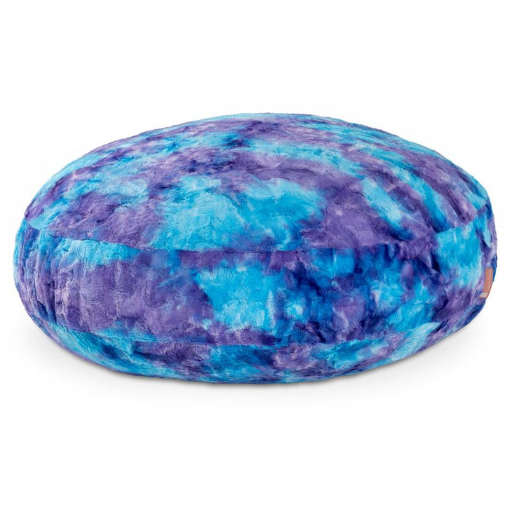 Raven-Symoné Lil' Cuddler kids bean bag lounger in Lush Tie-Dye Fur Mystic Blue & Purple, shown flat