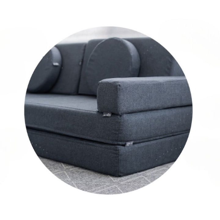 KiiCo Couch MAX 10-piece modular play couch birds-eye view showing the full set layout including bases, arches, and building shapes with CertiPUR-US certified foam