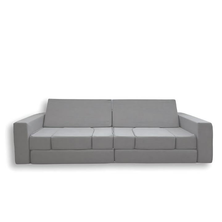 KiiCo Couch MAX 10-piece modular play couch in Mink colour variant showing all pieces in a clean landscape view with machine-washable linen covers and zippable bases