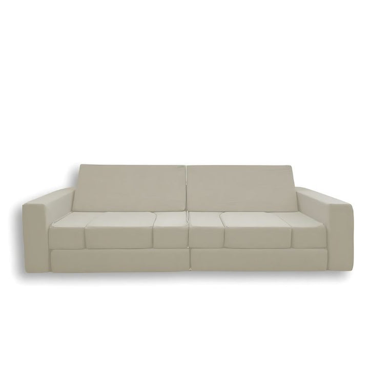 KiiCo Couch MAX 10-piece modular play couch in Oat colour variant, showing all pieces in a clean landscape view with machine-washable linen covers and YKK zippers