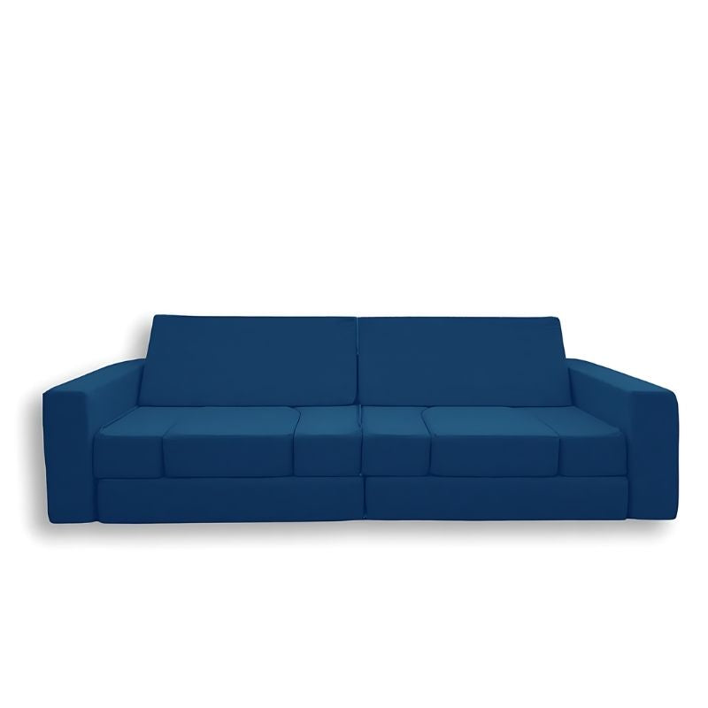 KiiCo Couch MAX 10-piece modular play couch in Ocean colour variant, displaying the full set of CertiPUR-US certified foam pieces with zippable bases and linen covers