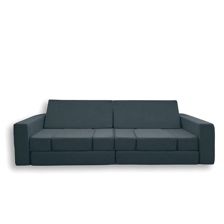 KiiCo Couch MAX 10-piece modular play couch in Wolf colour variant, showing all foam pieces with polyester linen covers in a clean landscape product view