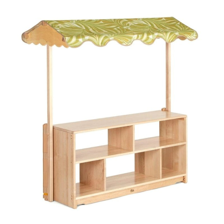Kinderhuis Eloise Canopy birch wood dramatic play unit, full view of the canopy and shelf structure for early years classrooms and playrooms