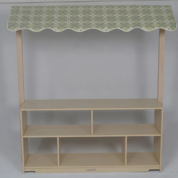 Kinderhuis Eloise Canopy detail view highlighting the canopy structure and shelf storage spaces for Montessori and Waldorf dramatic play environments