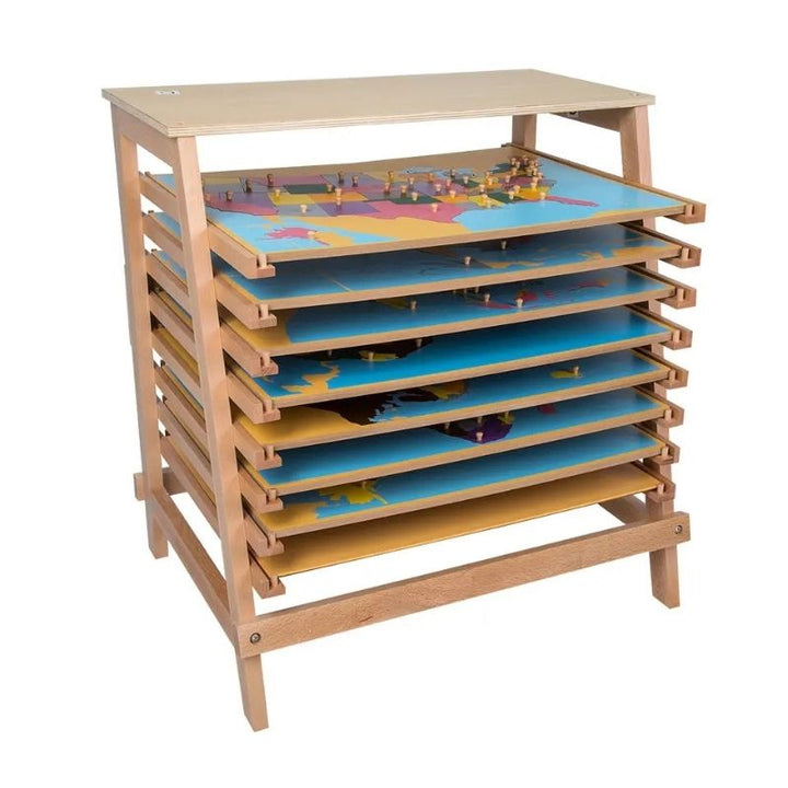 Kinderhuis Geography Cabinet with 8 Montessori puzzle maps, full front view showing cabinet and laser-cut map puzzles for hands-on geography learning