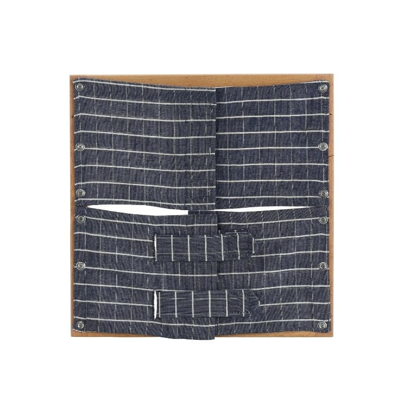Kinderhuis Montessori dressing frame with blue check fabric panel, beechwood frame for independence and fine motor training