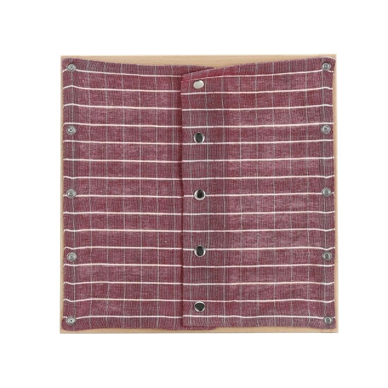 Kinderhuis Montessori dressing frame with red check textile panel, beechwood construction for fine motor skill development