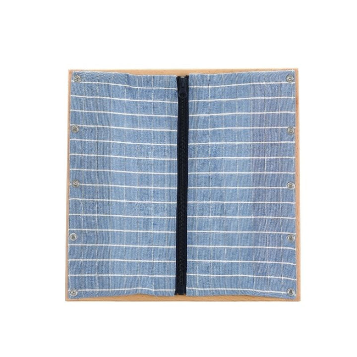 Kinderhuis Montessori sky blue dressing frame, solid beechwood construction for Montessori practical life activities