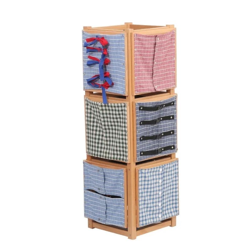 Kinderhuis Montessori 12 Dressing Frames with Stand, complete AMI-approved practical life set crafted from beechwood