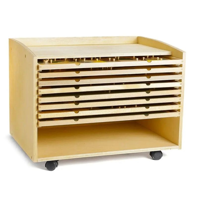 Kinderhuis Cabinet of the World with 8 Maps displayed front-on, a Montessori geography cabinet for hands-on world map puzzle learning