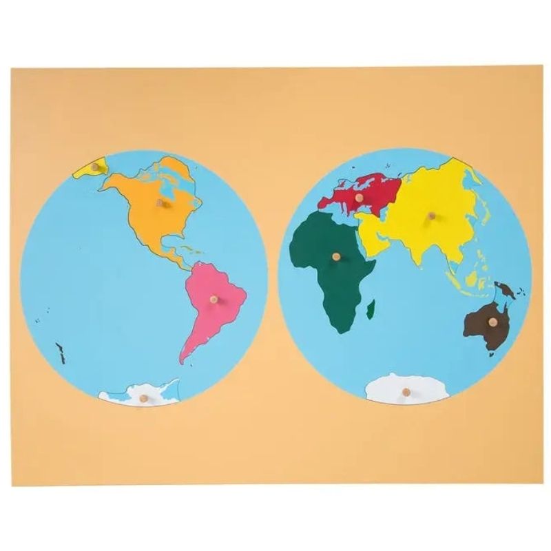 Kinderhuis Montessori Geography Cabinet globe image showing the full world context for the 8-map AMI-approved puzzle set