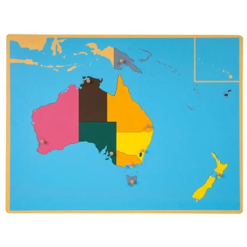 Kinderhuis Montessori Geography Cabinet Australia and New Zealand puzzle map with laser-cut wooden pieces and capital knobs