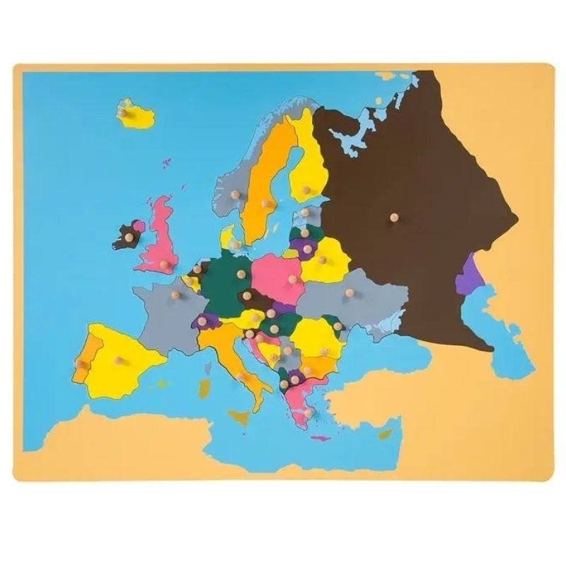 Kinderhuis Montessori Geography Cabinet Europe puzzle map with silkscreened regions and precision laser-cut wooden pieces