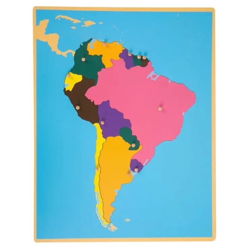 Kinderhuis Geography Cabinet South America Montessori puzzle map showing silkscreened regions and precision-cut wooden pieces