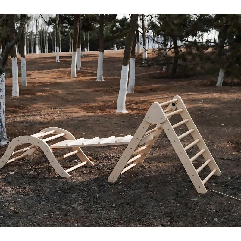Kinderhuis Pickler Triangle, Climbing Ramp and Arch 3-piece Montessori climbing set in natural birch plywood, assembled for active toddler play