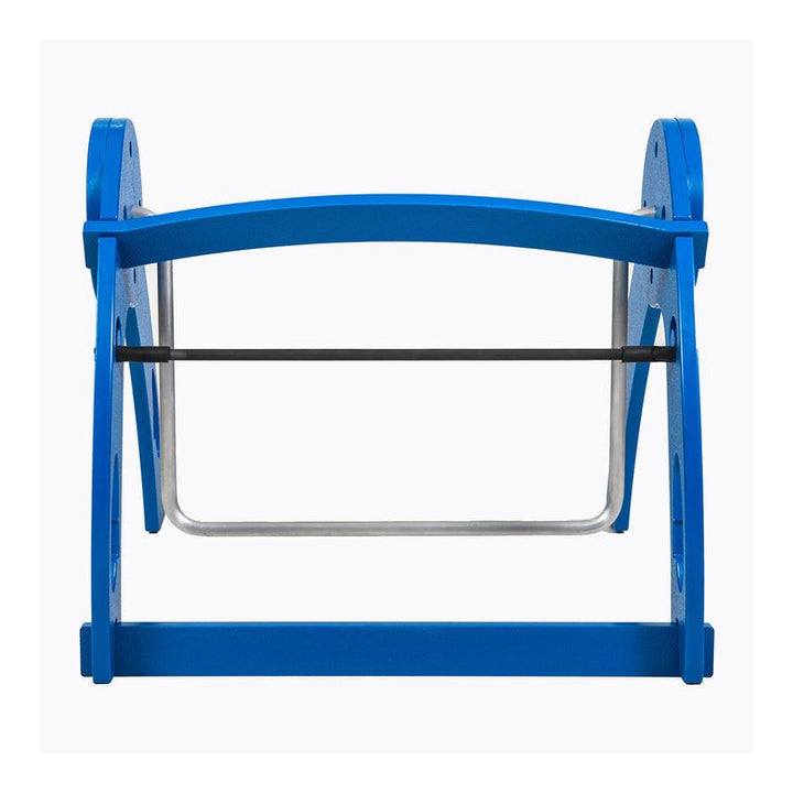 Full clear product view of the Kinnebar K100 Foot Swing in blue showing the base construction, swing bar, and rubber sensory foot band