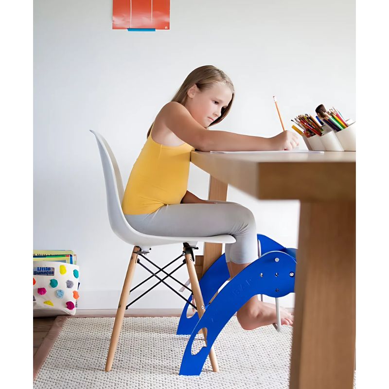 Kinnebar Foot Swing K200 in blue, a latex-free freestanding under-desk sensory tool for sensory regulation and focus support