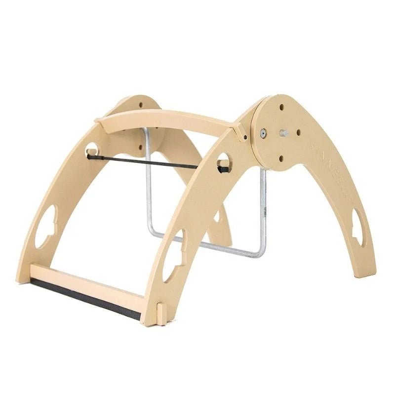 Feature detail view of the Kinnebar Foot Swing showing dual-movement design combining a swing bar and sensory band for proprioceptive and vestibular input