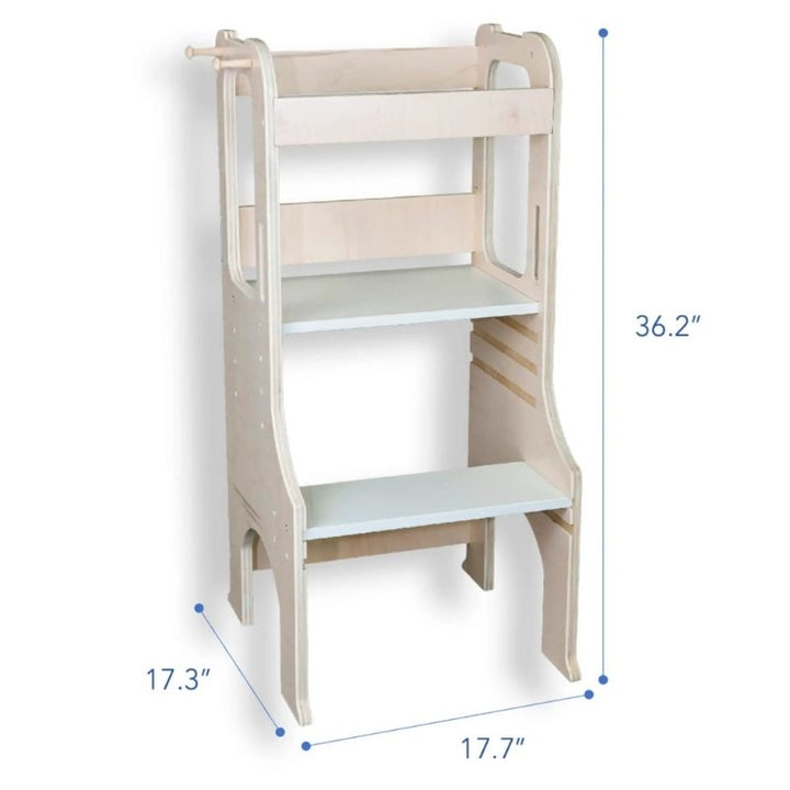 Sapiens Child Kiwi Kitchen Tower detailed dimension display showing the adjustable height positions and overall measurements of the Canadian-made Montessori learning stool for toddlers