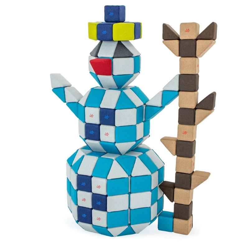 A snowman figure built from JollyHeap Fun Set magnetic building blocks, an indoor group activity for classrooms and playrooms