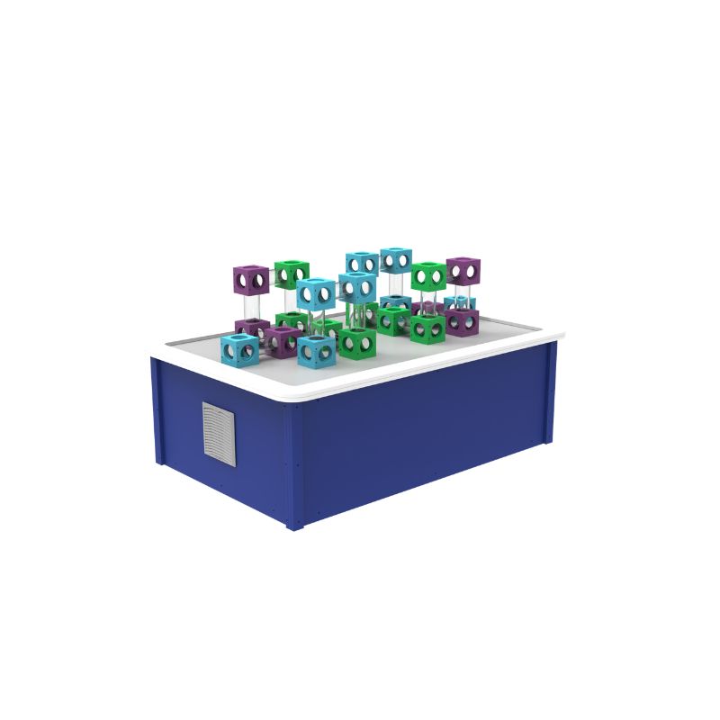 LiteZilla AeroCube Constructor Table with multi-opening HDPE cubes and clear acrylic tubes assembled into an air-powered ball course for STEM learning and sensory play