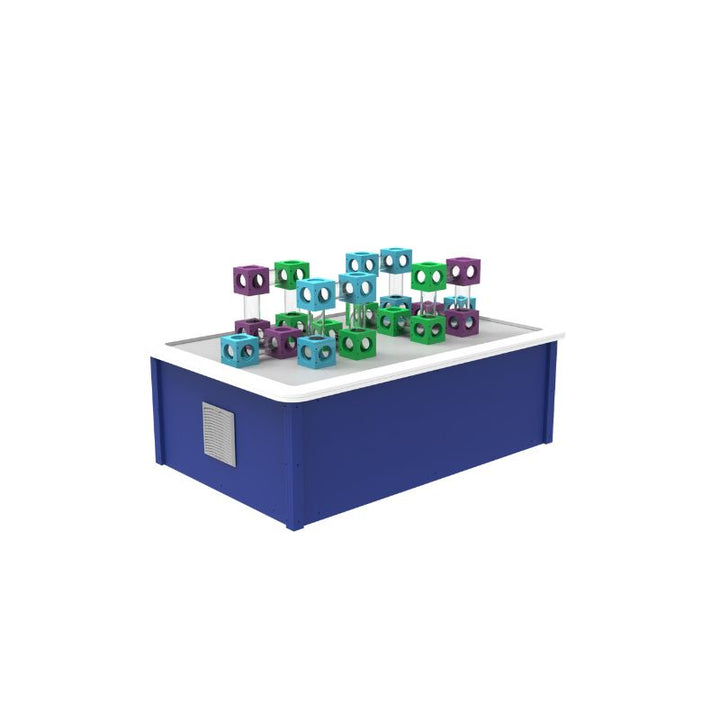 LiteZilla AeroCube Constructor Table with multi-opening HDPE cubes and clear acrylic tubes assembled into an air-powered ball course for STEM learning and sensory play