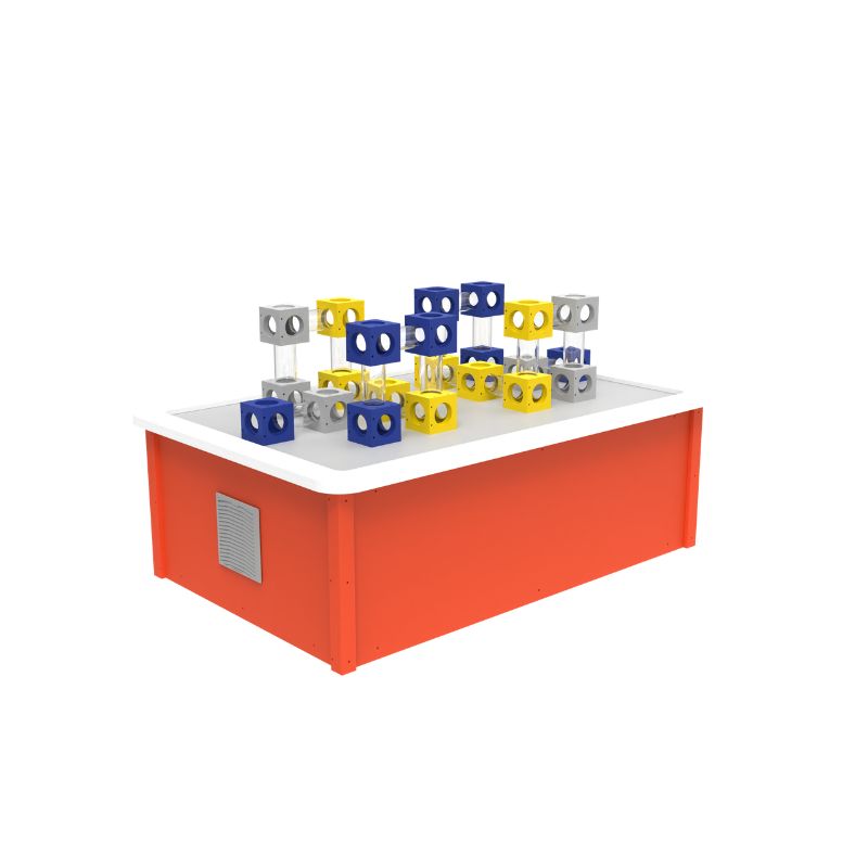 LiteZilla AeroCube Constructor Table in use, demonstrating the air-powered pathway system that propels ping-pong balls through custom-built courses for collaborative STEM and sensory engagement