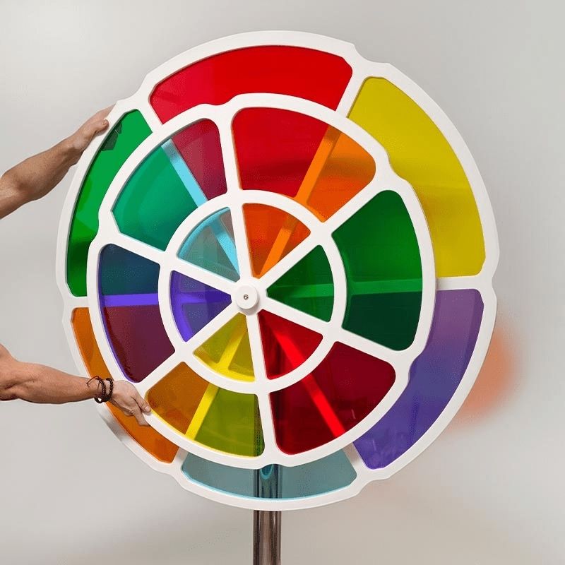 LiteZilla Chroma Wheel freestanding colour mixing STEM exhibit showing two acrylic panel spinning wheels in a durable white HDPE frame