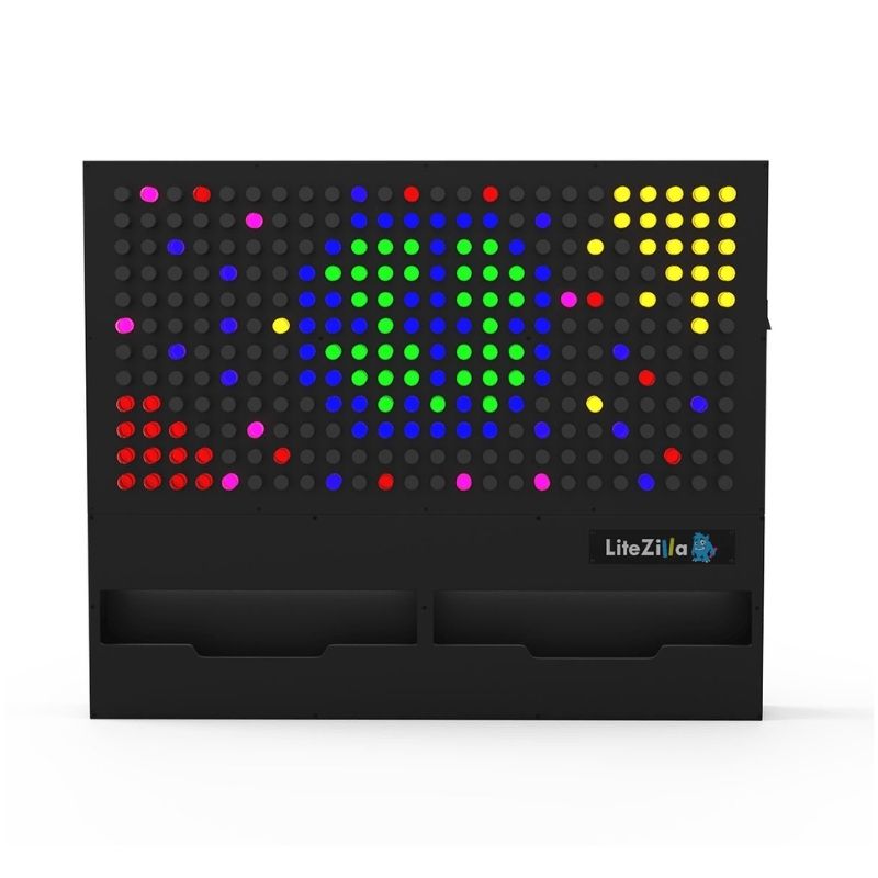 Second clean product shot of the LiteZilla Giant Lite Brite in black frame, showing panel layout and integrated LitePin storage