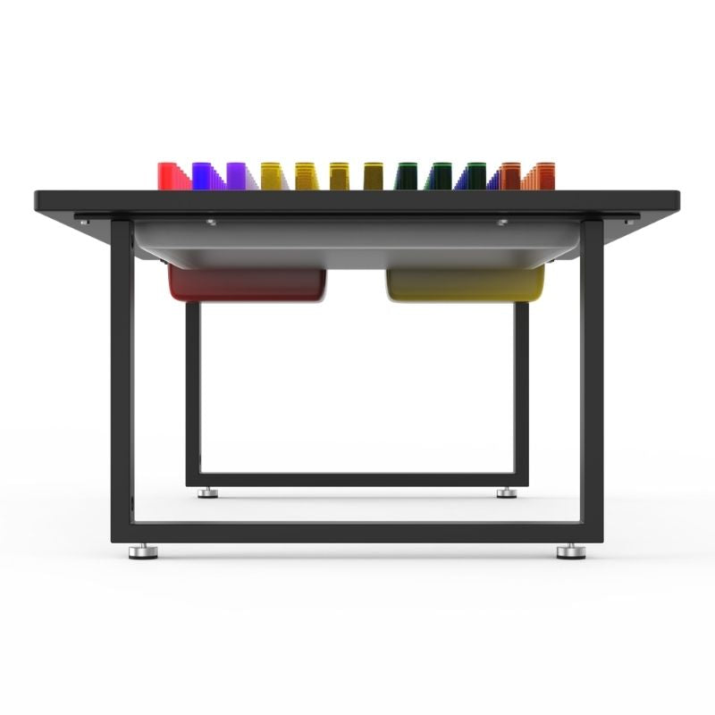 Front view of the LiteZilla IllumiTable in Black HDPE finish with Mini LitePins inserted along the grid and storage bins visible beneath this interactive light table