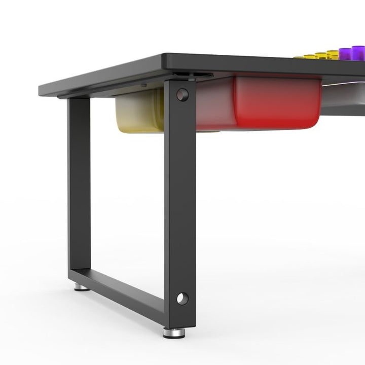 LiteZilla IllumiTable in Black HDPE finish showing the integrated red and yellow LitePin storage bins and sturdy table leg frame from underneath, an interactive LED sensory light table for schools and therapy rooms