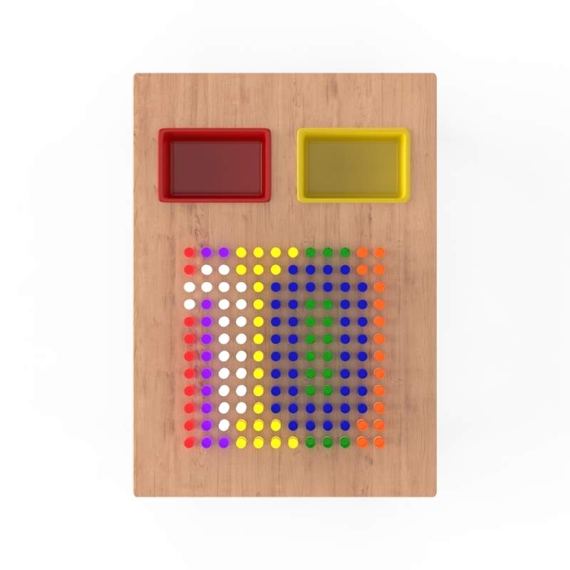 Top-down view of the LiteZilla IllumiTable in Maple Veneer finish showing the complete LitePin grid pattern and storage bins on this sensory light table