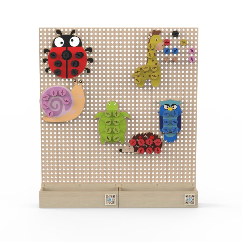 LiteZilla KidWorx Animal Assembly Adventure product render showing colourful bug, snail, turtle, and creature pieces mounted on the beechwood wall grid, a fine motor and creative play activity for classrooms and therapy spaces