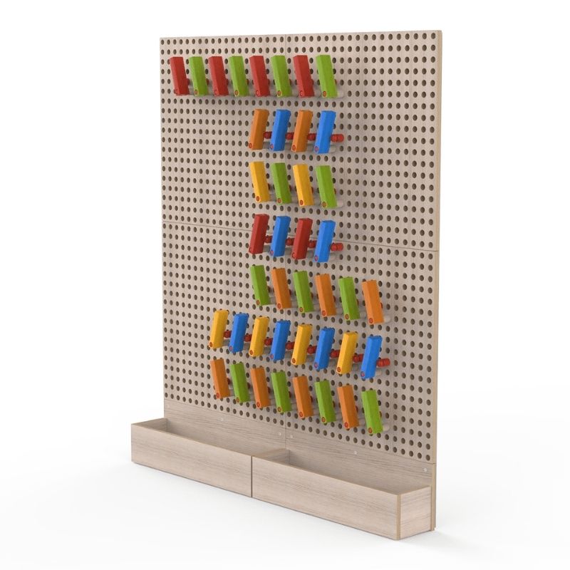 LiteZilla KidWorx Interactive Design Suite standalone render showing the Domino Dash activity installed on the beechwood wall grid with two storage bins, ready for classroom or therapy room use
