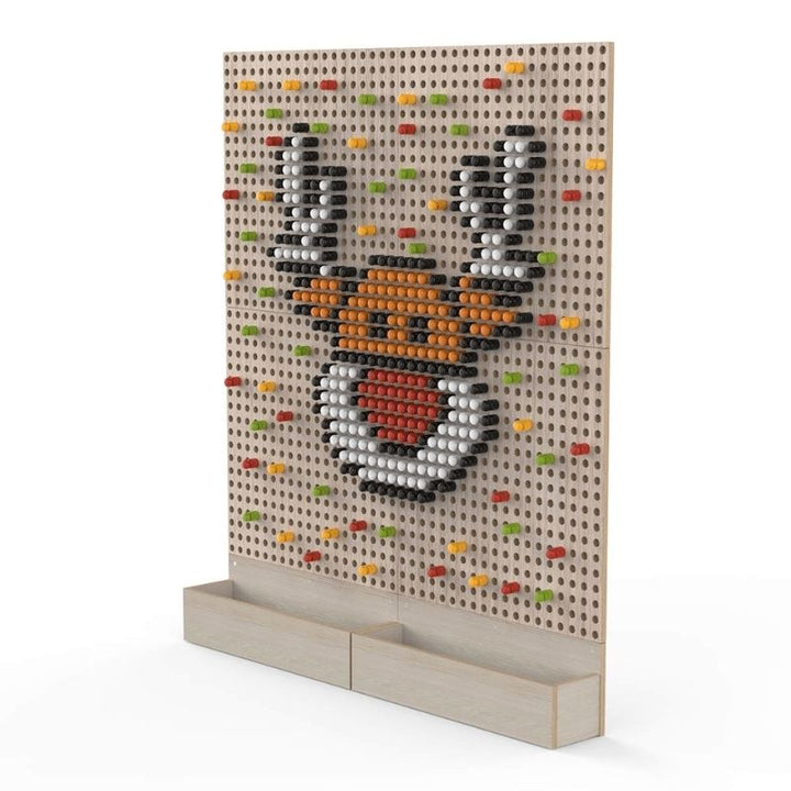 LiteZilla KidWorx Picture Pegs activity product render showing a colourful fox mosaic design on the standalone beechwood wall grid, illustrating the creative expression possibilities of the interactive STEM wall system