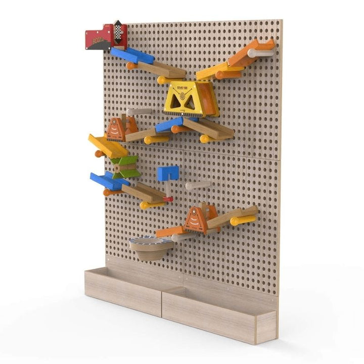 LiteZilla KidWorx Turbo Raceway ball launcher activity product render showing a multi-level ramp and launcher system on the beechwood wall grid, a hands-on engineering and STEM play activity for schools and learning centres