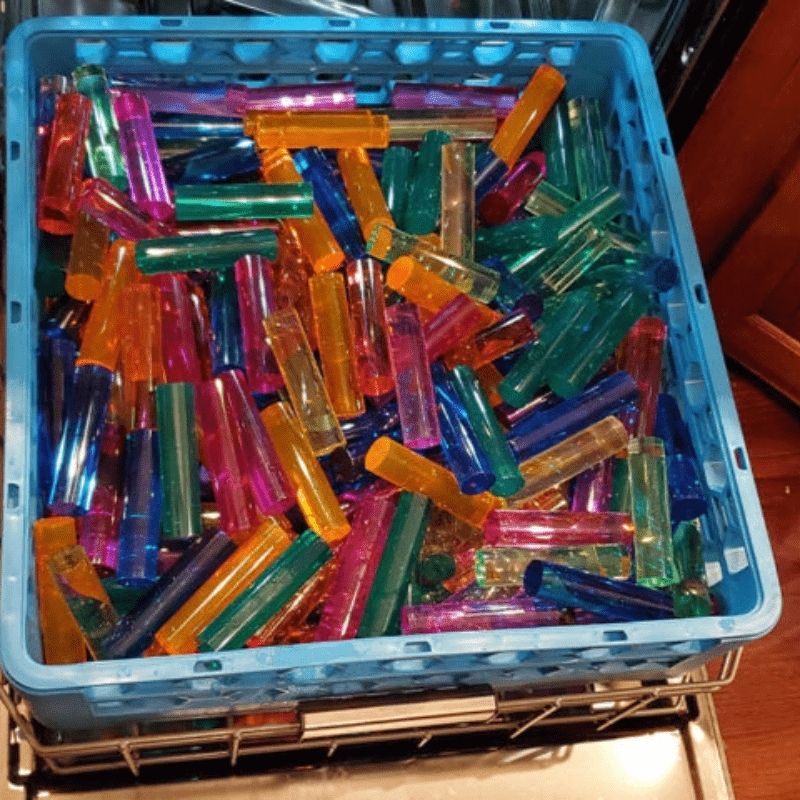 LiteZilla LitePin Sanitation Basket loaded with colourful LitePins ready for a dishwasher cleaning cycle