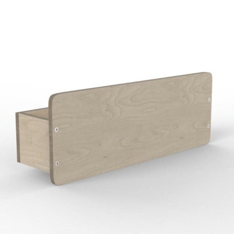 Side detail of the LiteZilla Wooden Storage Box, a durable wooden sensory room accessory for LitePin organization