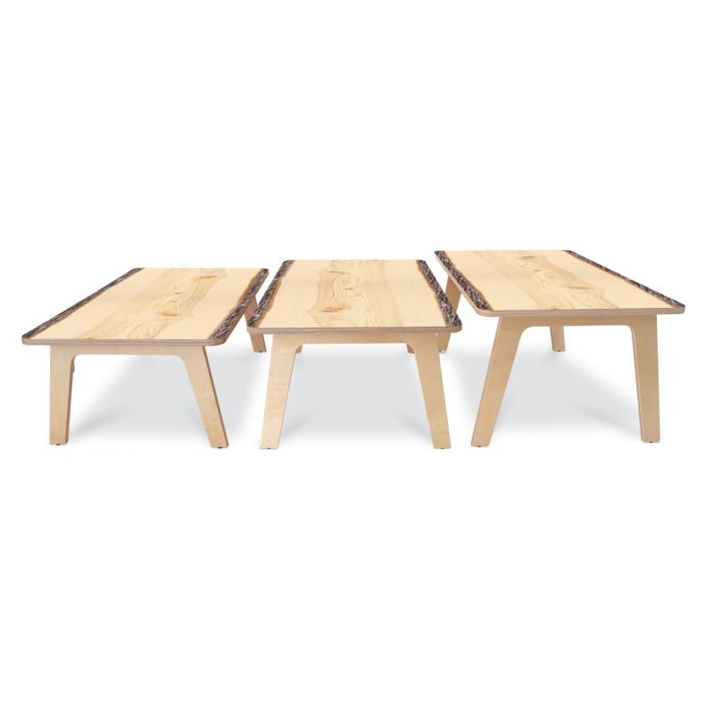 Whitney Brothers Nature View Live Edge Activity Table in rectangle shape shown in 18, 20 and 22 inch heights, preschool tables sized for different age groups