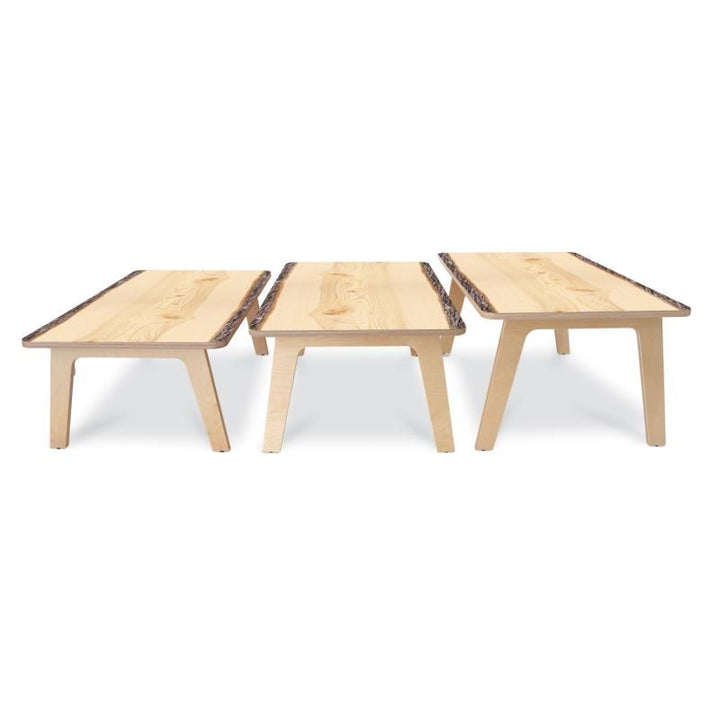 Whitney Brothers Nature View Live Edge Activity Table in rectangle shape shown in 18, 20 and 22 inch heights, preschool tables sized for different age groups