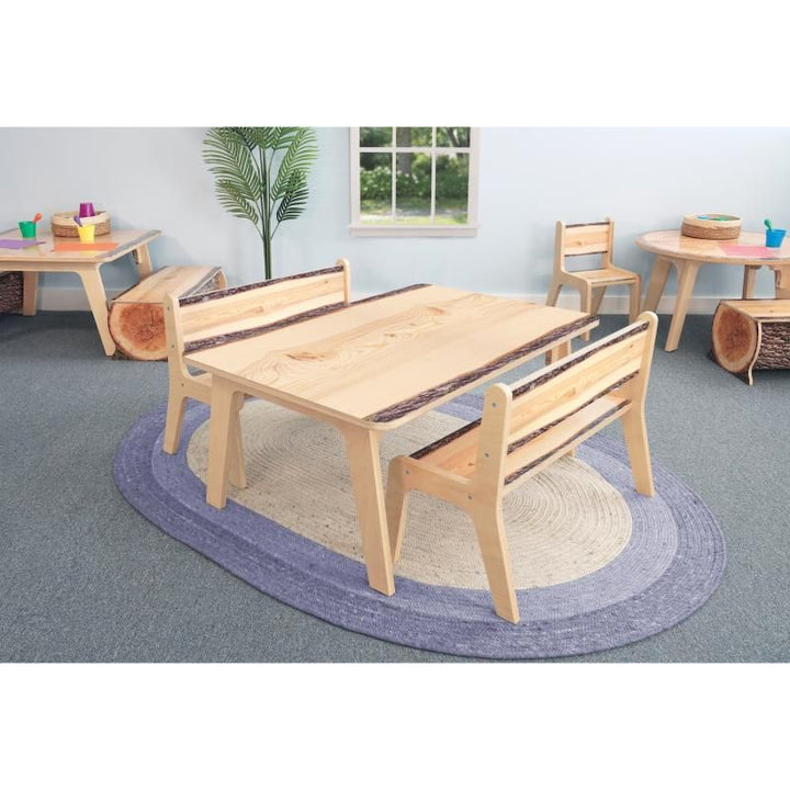 Whitney Brothers Nature View Live Edge Activity Table in rectangle shape with matching Live Edge benches, creating a nature-themed classroom furniture group seating area