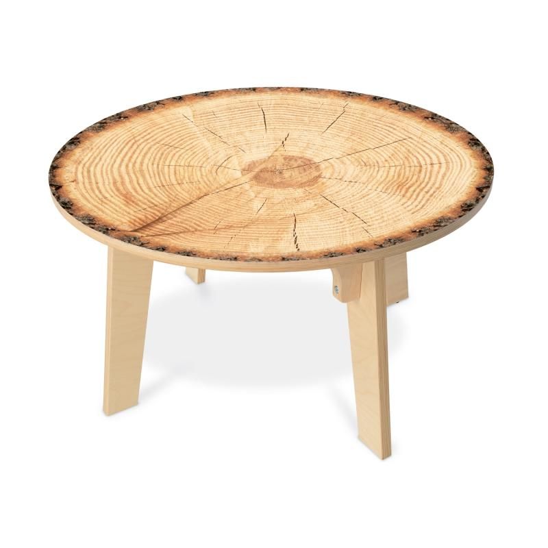Whitney Brothers Nature View Live Edge Activity Table in round shape showing tree growth rings and bark edge, a birch plywood kids table for hands-on nature learning