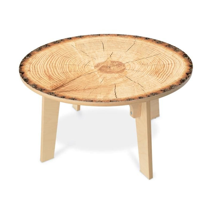 Whitney Brothers Nature View Live Edge Activity Table in round shape showing tree growth rings and bark edge, a birch plywood kids table for hands-on nature learning
