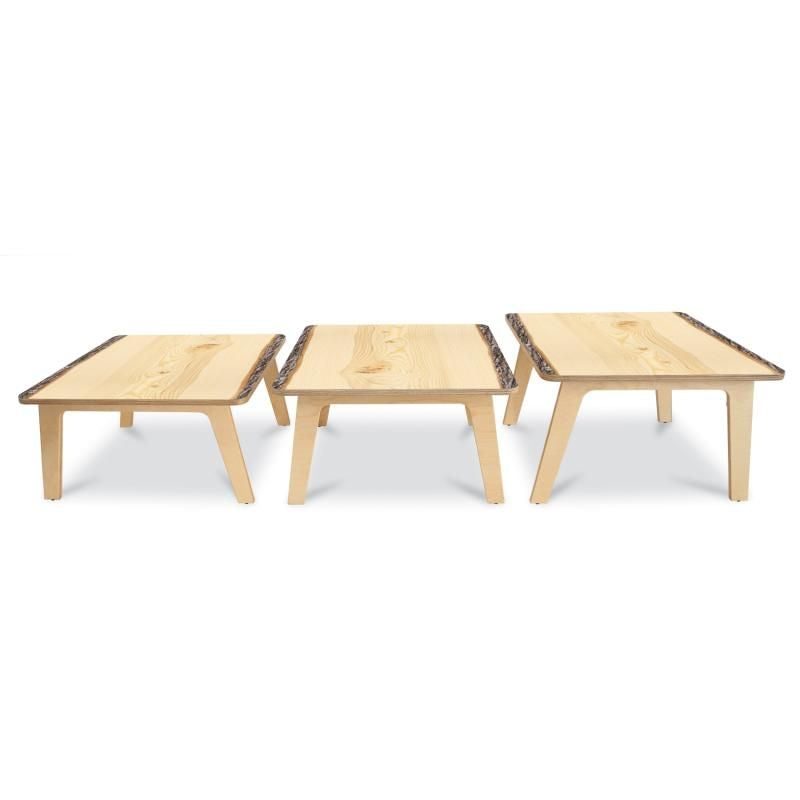 Whitney Brothers Nature View Live Edge Activity Table in square shape shown in 18, 20 and 22 inch heights for toddler, preschool and kindergarten classrooms