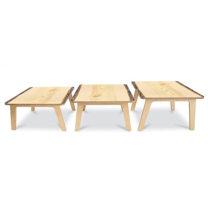 Whitney Brothers Nature View Live Edge Activity Table in square shape shown in 18, 20 and 22 inch heights for toddler, preschool and kindergarten classrooms
