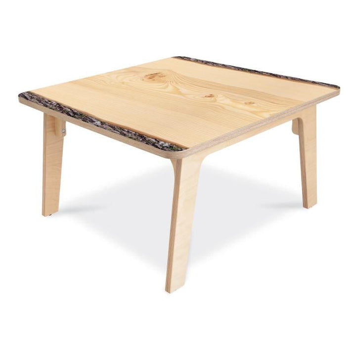 Whitney Brothers Nature View Live Edge Activity Table in square shape, birch plywood classroom furniture with a realistic bark edge and wood grain surface