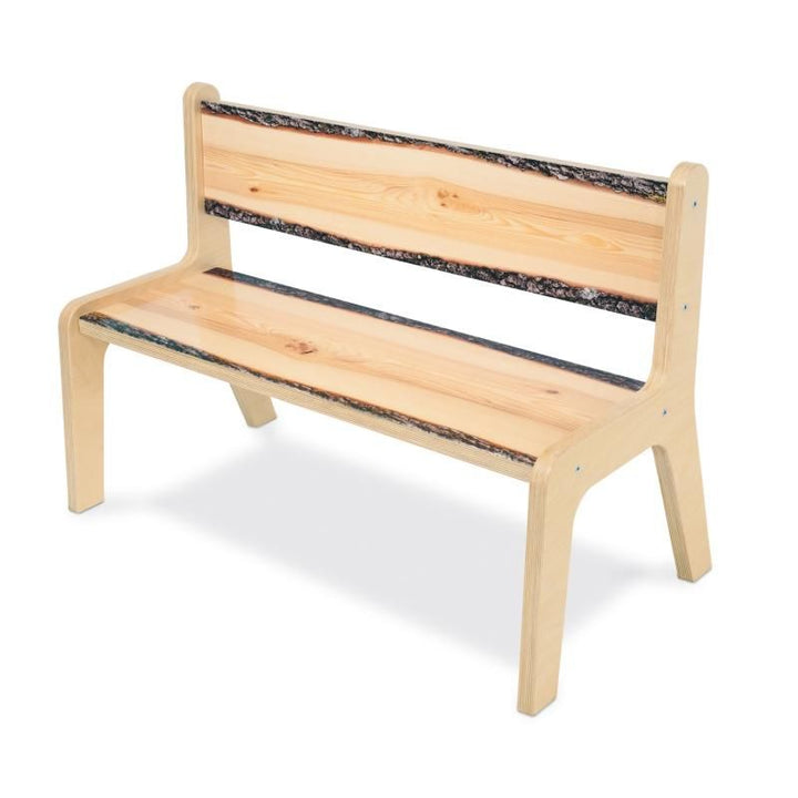Whitney Brothers Nature View Live Edge Bench 12H, a birch plywood kids bench with realistic bark edges on the seat and backrest