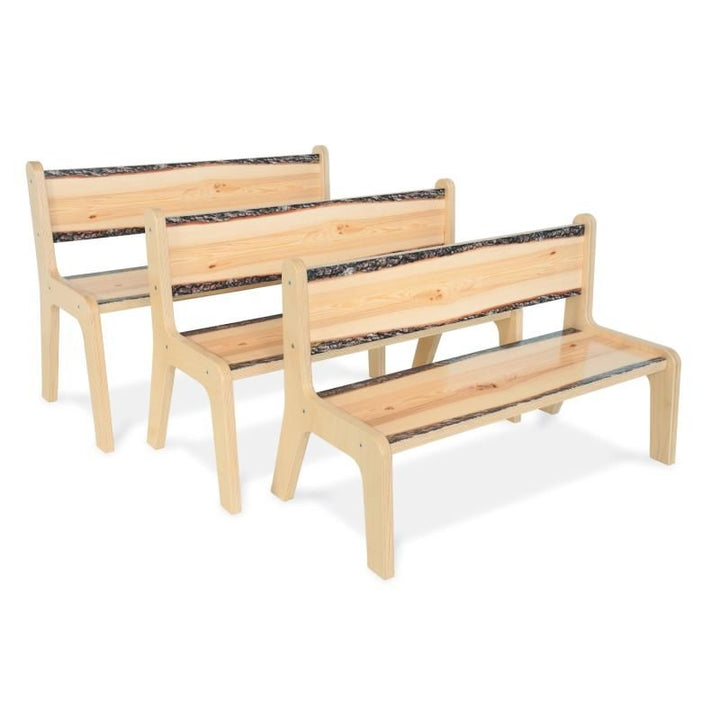 Whitney Brothers Nature View Live Edge Bench in 10, 12 and 14 inch seat heights, preschool benches sized for different age groups